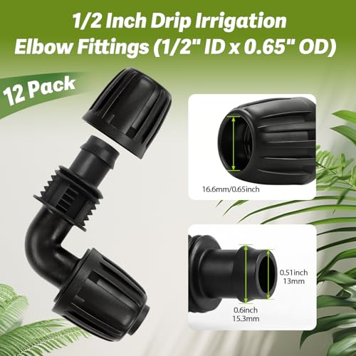 12 Pack 1/2 Inch Drip Irrigation Elbow Fittings (1/2" ID x 0.6-0.65" OD), 1/2'' Dripline Barbed Elbow Connectors with Anti-Drop Lock Nuts for Garden Lawn Irrigation System Connection - size: 1/2" Nut Elbow-12P