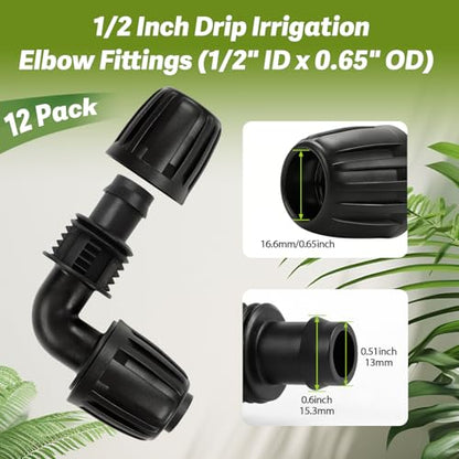 12 Pack 1/2 Inch Drip Irrigation Elbow Fittings (1/2" ID x 0.6-0.65" OD), 1/2'' Dripline Barbed Elbow Connectors with Anti-Drop Lock Nuts for Garden Lawn Irrigation System Connection - size: 1/2" Nut Elbow-12P