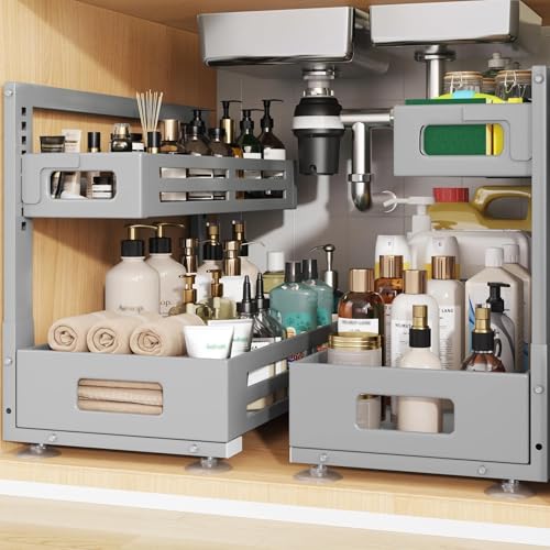 2 Pack 19IN-Depth Under Sink Organizer,Pull Out Cabinet Organizer With Smooth Cylindrical Rail,Metal Slide Out Drawer for Kitchen Bathroom Laundry,8-Level Tool Free Height Adjustable-Gun Gray - color: Gun Gray, size: 2 Pack-19"Dx9.5"-16.7"H