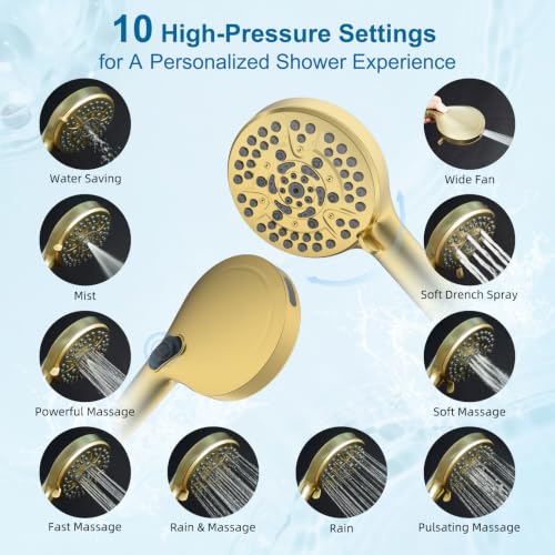 Hibbent Metal 10" High Pressure Rain Shower Head Combo, Brushed Gold | cUPC Certified Rainfall Shower Head with handheld 10 Sprays, 16'' Adjustable Extension Arm, 71'' Hose, Showerhead Holder - color: Brushed Gold, style: Square 10''