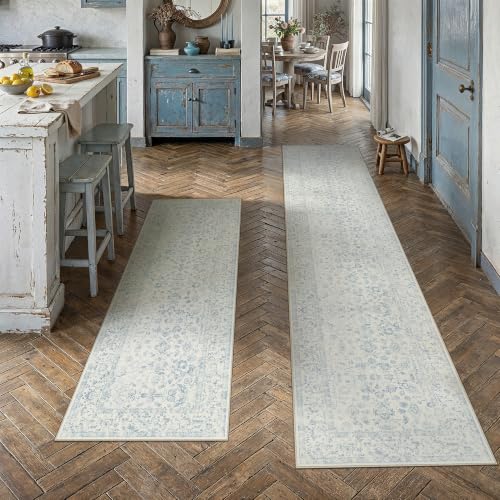 2'x6'+2'x10' Blue 2-Piece Kitchen Rug Set with Runner | Floral, Soft, Entryway, Hallway, Bathroom - color: Blue, size: 2' x 10' (Rug Set)