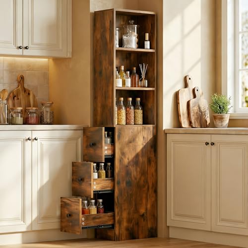 ARTETHYS Tall Slim Bathroom Storage Cabinet with Adjustable Shelves Rustic | Slim Free Standing Space Saver Organizer for Living Room Kitchen, 3 Drawers - color: Rustic