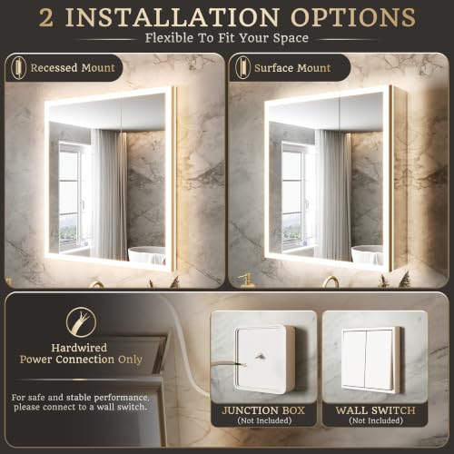 30x32 Lighted Medicine Cabinet, Separate Front & Back Lights | Surface/Recessed LED Medicine Cabinet for Bathroom with Side Mirrors, Dimmable Light, Anti-Fog, Memory,Silver Aluminum Frame - size: 30" x 32"
