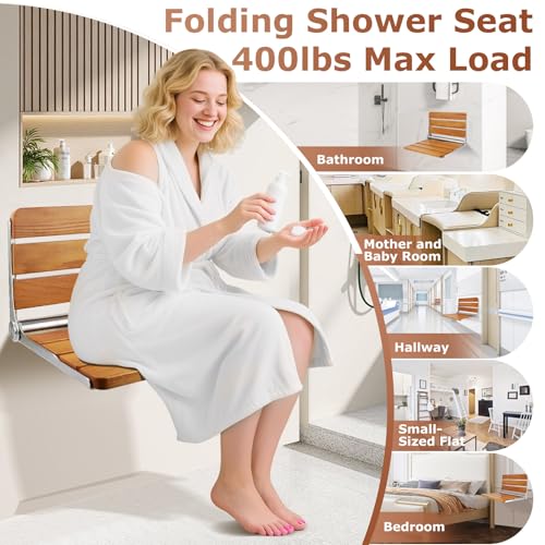 Foldable Shower Seat Wall Mounted 18 in Wide, Teak Bench for Small Shower | Foldable Design, Shower Use - size: 18INCH