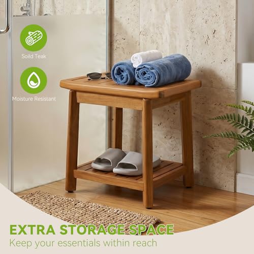 Teak Shower Bench for Inside Shower, Waterproof Wooden Shower Stool | Shower Stool with Storage Shelf, Non Slip Bathroom Seat for Safe Bathing & Daily Support, Compact Spa Shower Bench (14 Inch) - size: 14"-Standard