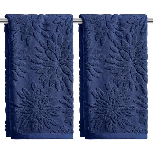 Artoid Mode 2 Pcs Navy Blue 3D Dahlia Floral Jacquard Hand Towels for Bathroom, Cotton Soft Absorbent Bathroom Decor Towels, 13.7 x 29.5 Inch - color: Navy Blue, size: 13.7" x 29.5", 2PCS