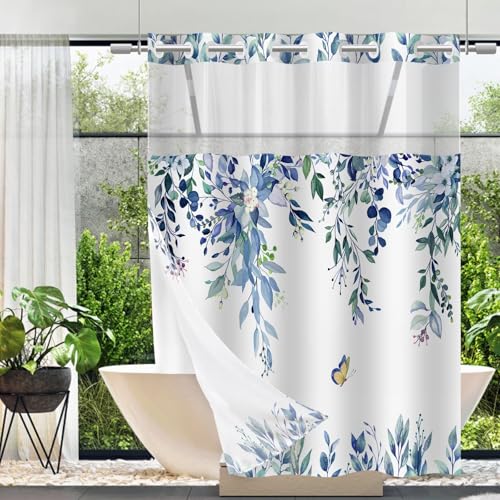 No Hook Shower Curtain and Liner Set, Blue Eucalyptus 71x74 | Floral Design, with Snap in Liner, Waterproof, Machine Washable, Quick-Drying, for Hotel Bathroom - color: Blue, size: 71"W x 74"L (Pack of 1)