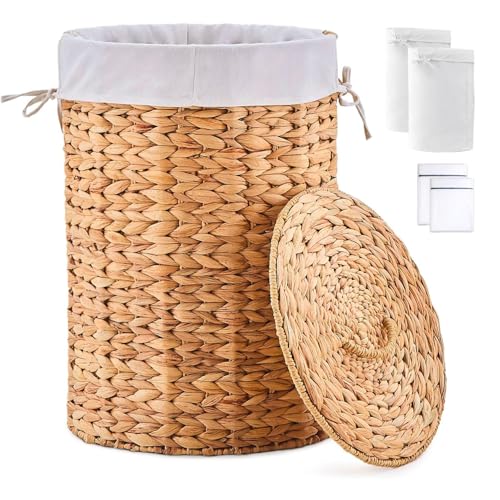 Round Water Hyacinth Laundry Hamper with Lid Handwoven Wicker Basket with Handles for Dirty Clothes, Storage, and Organization Ideal for Bedroom, Bathroom, and Laundry Room, No Assembly Required, 60L - color: Natural, size: 60L