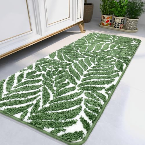 Bathroom Runner Rug- Super Soft Long Bath Mat, Non Slip, 5ft Long Bathroom Cute Bath Runner Rug Shower Room Decor Large Leaves 24 x 60 - color: Dark Green, size: 2' x 5' (Rectangular)