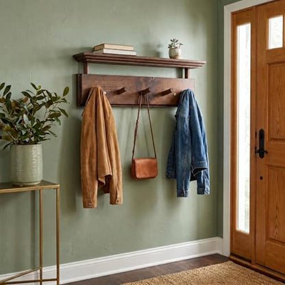 Matías Coat Rack Wall Mount with Shelf, 18 Inch Solid Wood Peg Rail, Wall Mounted Coat Rack with 5 Hooks, Wall Mount Shelf for Entryway, Bathroom or Bedroom (Walnut) - color: walnut