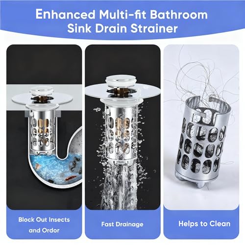 Bathroom Sink Drain Strainer, Universal 3 in 1 Bathroom Sink Stopper, Pop Up Bathroom Sink Drain Stopper with Removable Bathroom Sink Stopper Hair Catcher Basket, for 1.1 to 2.36''Hole - style: bathroom sink-1Pack