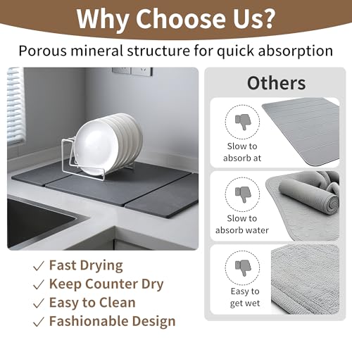 Foldable Stone Dish Drying Mat for Kitchen Counter, Diatomaceous Earth Drying Mat with Non-Slip Backing, Heat Resistant Multifunctional Mat for Kitchen & Bathroom, Instant water absorption-(24"×16") - color: Dark Gray1