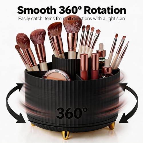 360 Rotating Makeup Brush Holder Organizer, 5-Slot Black Spinning Cup for Women, Vanity Desk & Bathroom Storage for Cosmetics and Beauty Tools Accessories