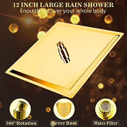 Voolan Rain Shower Head - High Flow Large Rainfall Shower Heads Made of Stainless Steel - Waterfall Bathroom Square Showerhead - Ceiling or Wall Mount (12" Gold) - color: Golden, size: 12 Inch