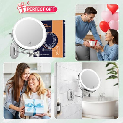 FUNTOUCH 5000mAh Rechargeable Wall Mounted Makeup Mirror with Light Charger | Double Sided 1X/30X Magnification,3 Color Lights,Touch Dimmable,Extended Arm 360 Rotation Lighted Bathroom Mirror - color: Polished Chrome