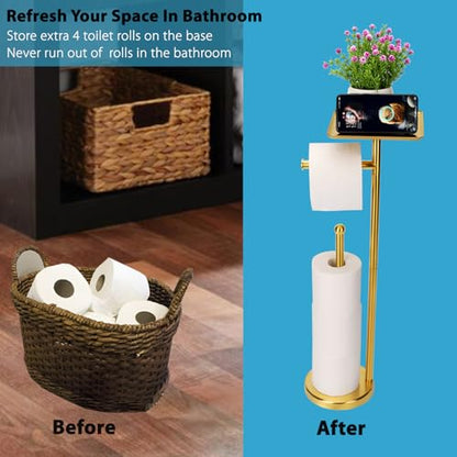 Noonext Gold Toilet Paper Holder Stand, Freestanding Toilet Paper Stand with Tray for Small Items, Toilet Paper Holder with Shelf, Storage Space for 4 Extra Toilet Paper Rolls (Gold) - color: Gold