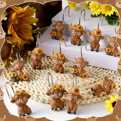 Roowest 12 Pcs Highland Cow Shower Curtain Hooks Sunflower Farmhouse | Cute Cow Ring Design, Stainless Steel Rust Resistant, Western Farmhouse Bathroom Decor, Fits Standard Curtain Rods - style: Sunflower Highland Cow