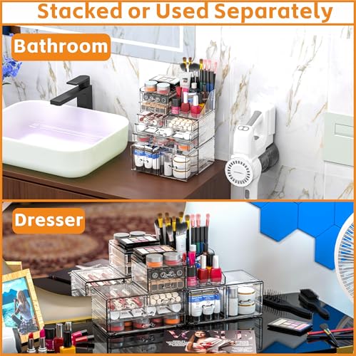 Cq acrylic 3 Pack Clear Makeup Organizer Countertop,Stackable 8 Drawers Skin Care Organizer,Cute Make Up Organizers for Vanity Jewelry,Hair Accessory,Beauty,Skin Care,Skincare Product Desk Storage - size: 8 Drawers-Set of 3