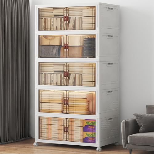 UAMFURI Stackable Storage Bins with Lids, 600QT Lockable Storage Cabinet | Folding Storage Box with Doors and Wheels, Collapsible Plastic Drawers for Home, Garage, Office - color: White, size: Large