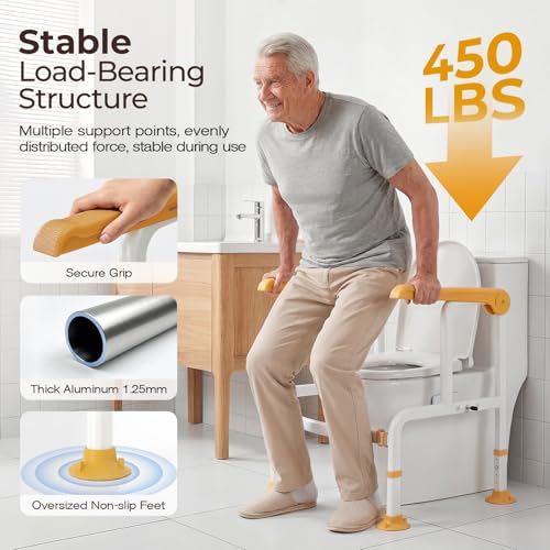 Toilet Safety Rails for Elderly & Disabled with Glow-in-the-Dark Handles, 450 lbs Heavy-Duty Frame, Flip-Up Arms, Dual Lock (Suction & Clamp), Adjustable No-Wobble Support, Yellow - color: Yellow