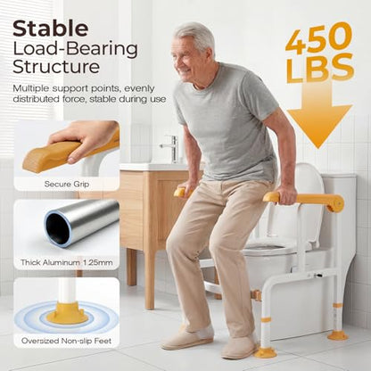 Toilet Safety Rails for Elderly & Disabled with Glow-in-the-Dark Handles, 450 lbs Heavy-Duty Frame, Flip-Up Arms, Dual Lock (Suction & Clamp), Adjustable No-Wobble Support, Yellow - color: Yellow