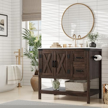AMERLIFE 36" Brown Farmhouse Bathroom Vanity with Sink and 2 Drawers | Rustic Brown, Single Solid White Integrated Top, Moisture-Resistant MDF, 2 X-Panel Doors, 2 Drawers, Open Shelf, Towel Holder - color: Rustic Brown, size: 36”