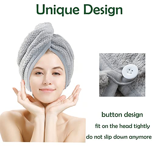 M-bestl 2 Pack Hair Towel Wrap,Absobent Hair Drying Towel with Buttons, Microfiber Hair Towel Wrap to Dry Hair Quickly (Beige&Gray) - color: Beige&gray