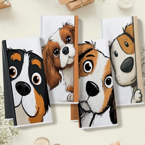 4 Pcs Funny Dog Kitchen Towels, Cute Dogs Gifts Decorative Dish Towels - color: Multi0232