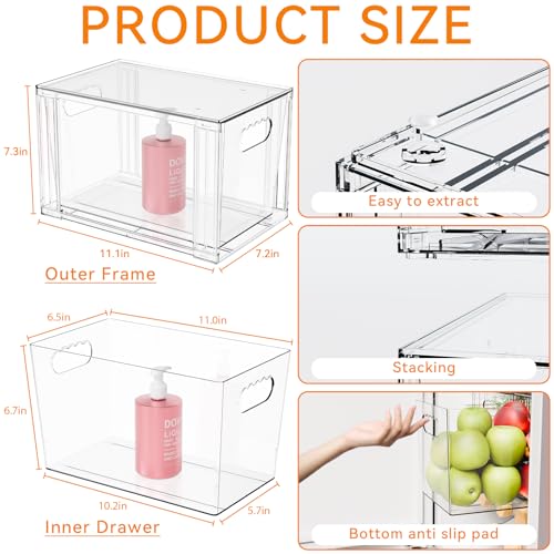 4 Pack Large Stackable Storage Drawers,11″Deep Under Cabinet Organizer,Baby Bottle Organizer,Clear Stacking Pull Out Drawer,Acrylic Storage Containers Bins for Organizing Snack,Medicine,Makeup