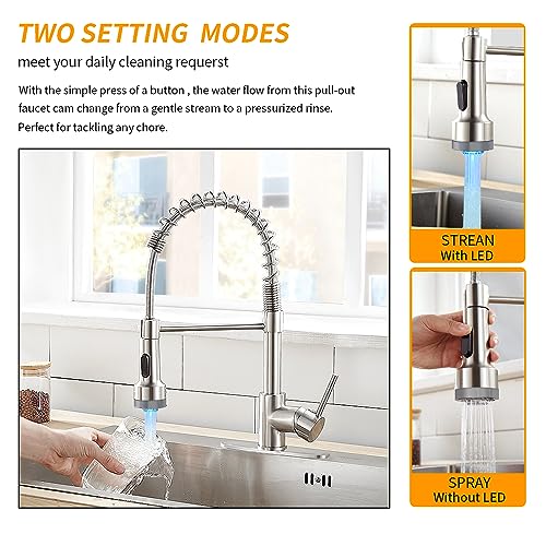 Kitchen Faucet with Pull Down LED Light Sprayer Brushed Nickel | Stainless Steel NSF Certified,1 Handle Faucet,Farmhouse Camper Laundry Utility Rv Wet Bar Sinks,Deck Plate 1,3 Hole - color: B - Brushed Nickel