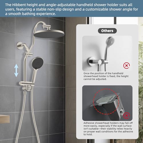 Hibbent 10'' Rain Shower Head Combo with 3 Handheld Sprays, Brushed Nickel | cUPC Certified Self-cleaning High Pressure Shower Head, All Metal Extension Arm, Easy Reach 4-way Diverter, 71" Hose & Holder - color: Brushed Nickel