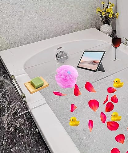 WANLIAN 33-Inch Luxury Bathtub Caddy Tray for Bathroom - Shower Storage Organizer Shelf With Silver Handles - color: Silver Handles