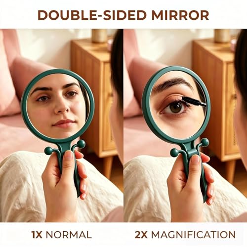 Magnifying Handheld Mirror Double Sided, Travel Makeup Hand Mirrors with 1X 2X Magnification, Small Hand/Desk Vanity Mirror (1Pc Dark Green) - color: 1pc Dark Green