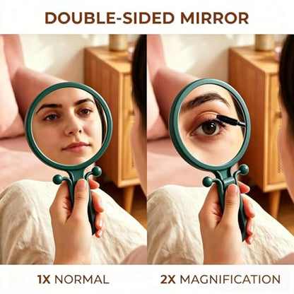 Magnifying Handheld Mirror Double Sided, Travel Makeup Hand Mirrors with 1X 2X Magnification, Small Hand/Desk Vanity Mirror (1Pc Dark Green) - color: 1pc Dark Green