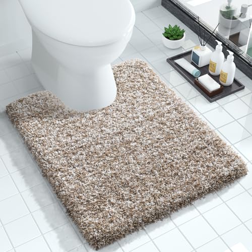 Yimobra Toilet Rugs U Shaped Washable 24X20, Ultra Soft and Water Absorbent Bath Mats, Non Slip Fluffy Shaggy Luxury Microfiber Contour Bath Rugs for Toilet, Dry Quick, Light Brown and White - color: Light Brown and White, size: 20" X 24" Contour Rug
