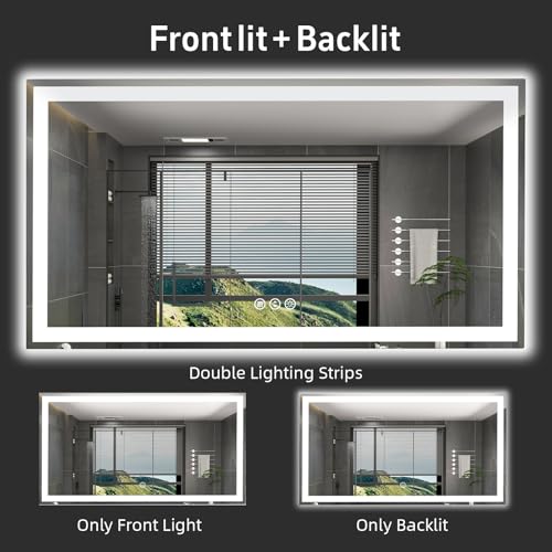 55"x 30" LED Bathroom Mirror with Lights, Double Lighting Sources Dimmable, Anti-Fog Vanity Mirror with Lights, Lighted Bathroom Vanity Mirror for Wall Tempered Glass (Horizontal/Vertical) | Front & Backlit, Memory Function, HD Tempered Glass Vanity Mirro