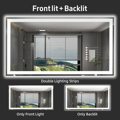 55"x 30" LED Bathroom Mirror with Lights, Double Lighting Sources Dimmable, Anti-Fog Vanity Mirror with Lights, Lighted Bathroom Vanity Mirror for Wall Tempered Glass (Horizontal/Vertical) | Front & Backlit, Memory Function, HD Tempered Glass Vanity Mirro