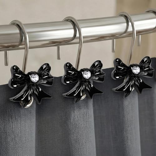 Black Bow Shower Curtain Hooks: Decorative Bathroom Curtain Rings, 12Pcs | Cute Rustproof Hangers for Valentine & Xmas Holiday Bathroom Decor, Chic Coquette Accessories & Housewarming Gift for Girls - color: Black