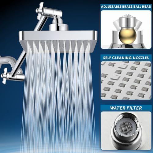 High Pressure Rain Shower Head with 11'' Extension Arm - High Flow Rainfall Showerhead - Luxury Modern Look - Pressure Boosting(Square, Chrome) - color: Chrome, style: 6" Square