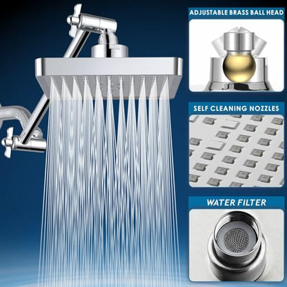 High Pressure Rain Shower Head with 11'' Extension Arm - High Flow Rainfall Showerhead - Luxury Modern Look - Pressure Boosting(Square, Chrome) - color: Chrome, style: 6" Square