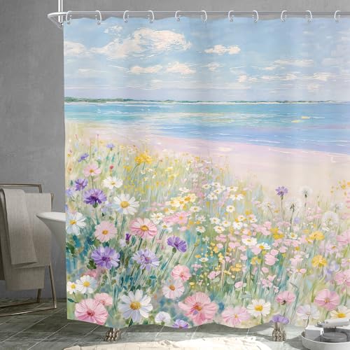 Ocean Beach Shower Curtain Wildflower Coastal Seaside Bathroom Curtain Set | 72Wx72H Blue Sea Floral Flower Girly Nature Path Bathroom Curtains Fabric Waterproof Polyester 12 Hooks - size: 72"W x 72"L (Pack of 1)