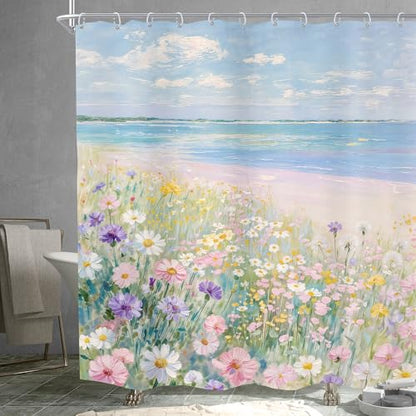 Ocean Beach Shower Curtain Wildflower Coastal Seaside Bathroom Curtain Set | 72Wx72H Blue Sea Floral Flower Girly Nature Path Bathroom Curtains Fabric Waterproof Polyester 12 Hooks - size: 72"W x 72"L (Pack of 1)