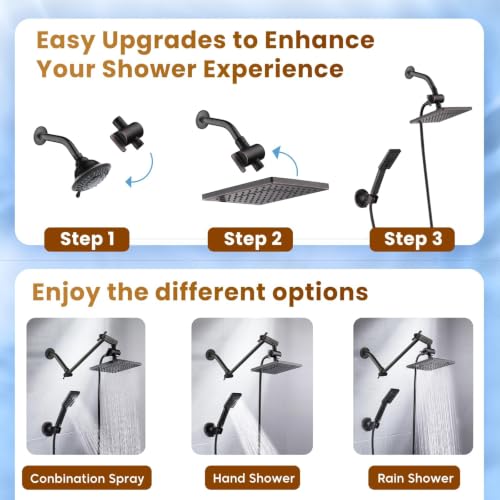 BRIGHT SHOWERS Rain Shower Head with Handheld Spray, 8 Inch Rainfall Shower Head Combo with 60" Hose, Adjustable Dual Square Showerhead Set with 3-Way Diverter, Wall Bracket, Oil-Rubbed Bronze - color: Oil Rubbed Bronze, style: Dual Shower Head