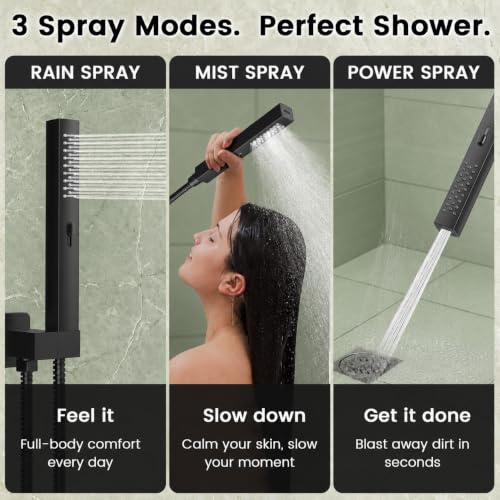 Longriver 3-Push Button Shower Faucet Set Hydro Power Temperature Display | Shower System Wall Mounted 10" & 6" Shower Head with 3-Spary Handheld, Shower Fixtures with Valve and Trim Kit, Matte Black
