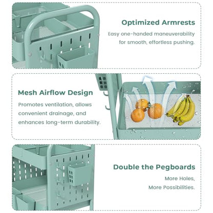 Rolling Cart, Movable Utility Organizer with Retractable Dividers & Pegboards for Kitchen, Bathroom, Office - color: Green