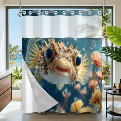 No Hook Shower Curtain and Liner Set, Sea Fish Waterproof Fabric Shower Curtain No Hooks with Snap in Liner, 71x74 Inches Easy Hang Shower Curtains for Bathroom with Mesh Top Window and Weighted Hem - color: Fish