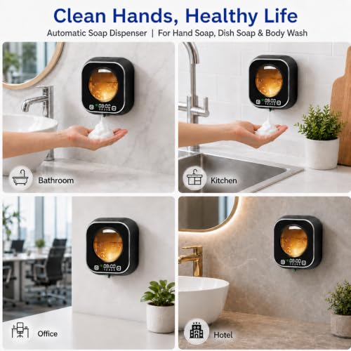 Automatic Soap Dispenser Touchless, Wall Mount, Rechargeable, Mood Lighting | 5 Adjustable Foam Levels, IPX5 Waterproof, LED Clock, 320ML, Hand & Dish Soap for Bathroom Kitchen, Black - color: Foam Black