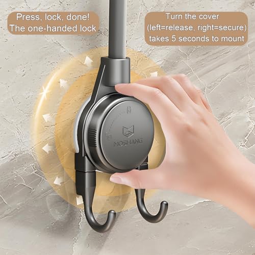 Shower Head Holder, 360° Swivel Adjustable Extra Length Arm, Flexible Wall Mount Shower Hose Holder, Removable Hand Held Shower Bracket with No Drill Suction Cup & Bonus Hook for Bathroom, Kitchen