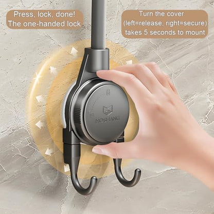 Shower Head Holder, 360° Swivel Adjustable Extra Length Arm, Flexible Wall Mount Shower Hose Holder, Removable Hand Held Shower Bracket with No Drill Suction Cup & Bonus Hook for Bathroom, Kitchen