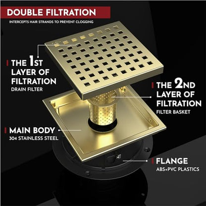 6 Inch Square Shower Floor Drain with Flange,Quadrato Pattern Grate Removable,Food-Grade SUS 304 Stainless Steel,Watermark&CUPC Certified, Brushed Gold - color: Brushed Gold, size: 6 Inch